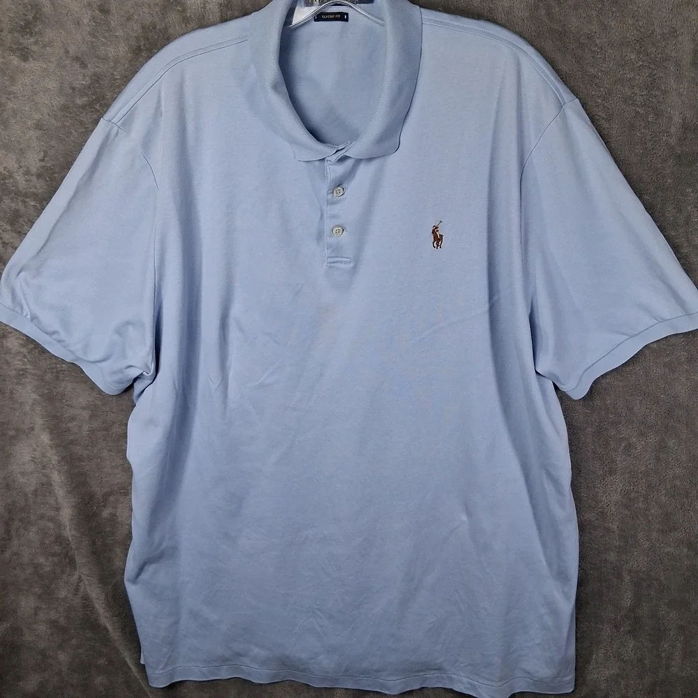 Polo Ralph Lauren Classic Fit Polo Shirt Men Size 2XL Blue Flesh Pony Stretch
